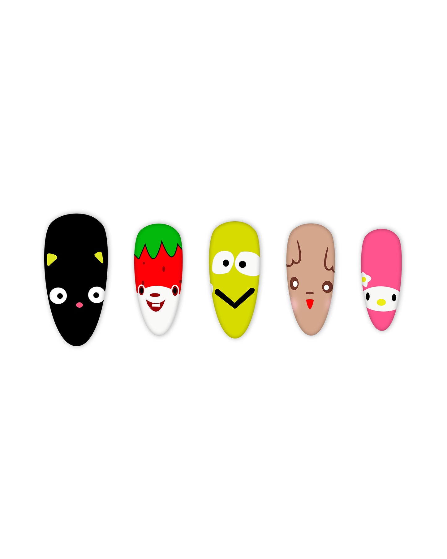 Cute and playful almond-shaped press-on nails featuring a black cat, a smiling strawberry, a cheerful yellow character, a blushing brown face, and a pink bunny with floral accents. Easy-to-apply fake nails, perfect for beauty lovers, nail art enthusiasts, and those looking for a fun and creative manicure without the salon visit.