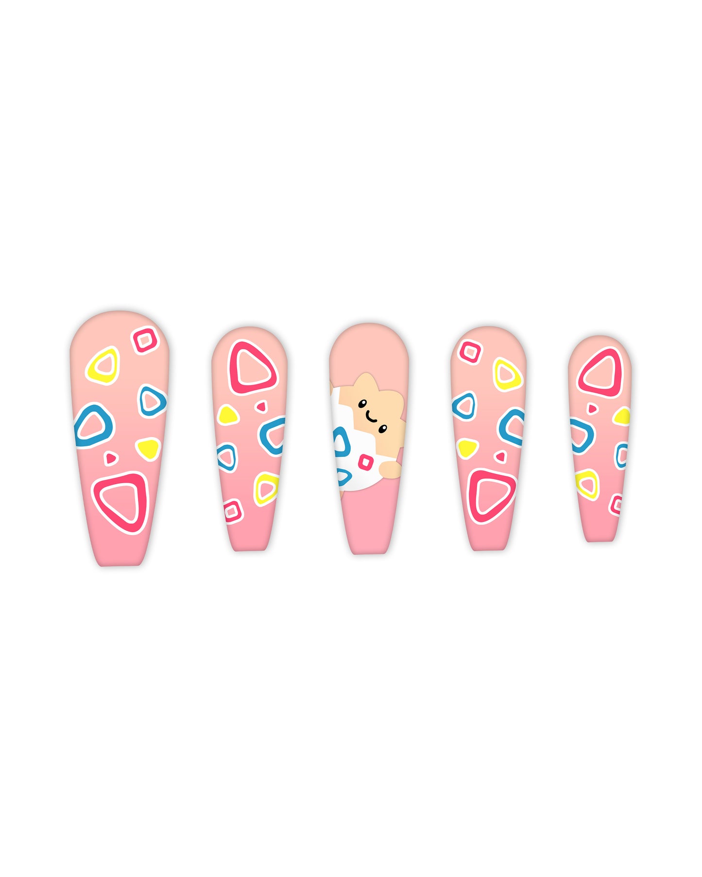 Coffin-shaped press-on nails with soft pink base, abstract colorful shapes, and a cute cartoon bear accent – kawaii-style fake nails, glue-on artificial nails, playful nail art for kids and fun-loving adults.