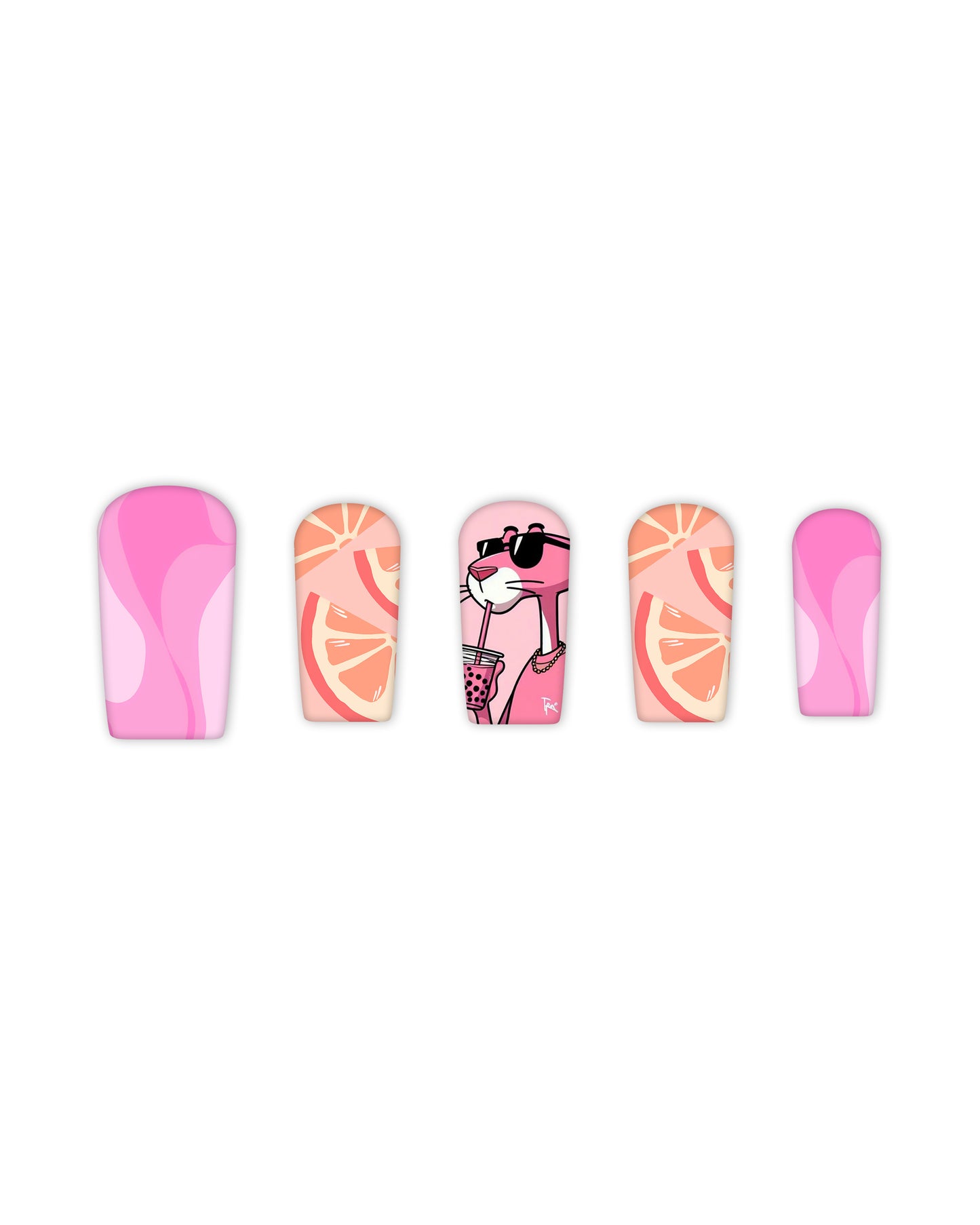Trendy oval-shaped press-on nails with vibrant pink and orange designs, featuring abstract pink swirls, citrus orange slice patterns, and a cool pink panther illustration sipping a drink. Perfect for beauty lovers seeking quick and easy-to-apply fake nails with a bold, playful summer nail art design.