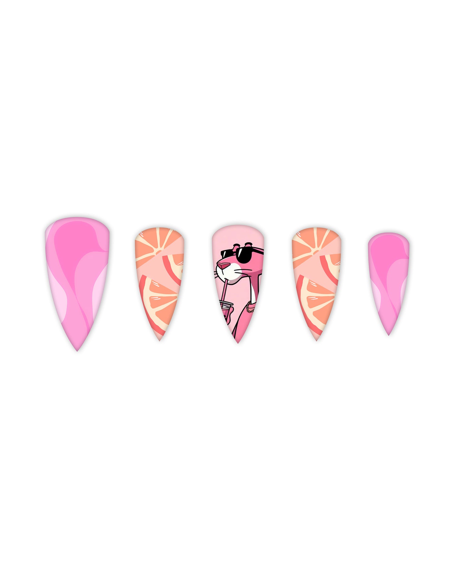 Chic stiletto-shaped press-on nails with bold pink and orange designs, featuring abstract pink swirls, citrus-inspired orange slice patterns, and a stylish pink panther character sipping a drink. Ideal for beauty enthusiasts looking for quick and easy-to-apply fake nails with a playful summer aesthetic.