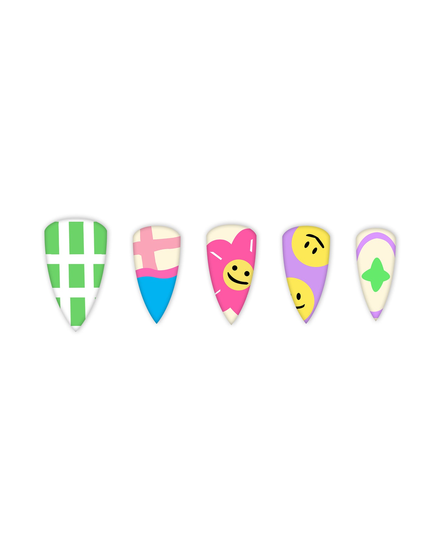 Stylish stiletto-shaped press-on nails set featuring five vibrant and playful designs: green and white checkered pattern, pink and blue color-block with a grid design, cream with a pink flower and a cheerful yellow smiley face, lavender with double yellow smiley faces, and cream with a purple oval and green star. Ideal for beauty enthusiasts seeking quick and easy-to-apply fake nails with trendy and artistic nail art.