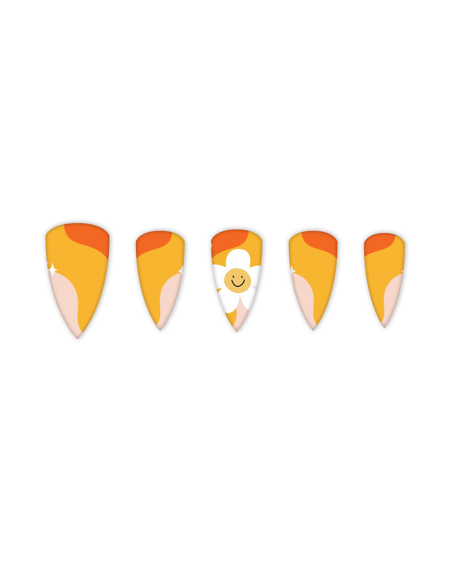 Almond-shaped press-on nails featuring a retro wave pattern in orange, yellow, and peach, with a cheerful white daisy and smiley face accent. The tapered shape adds elegance to the vibrant and playful design, ideal for a summery, nostalgic look.