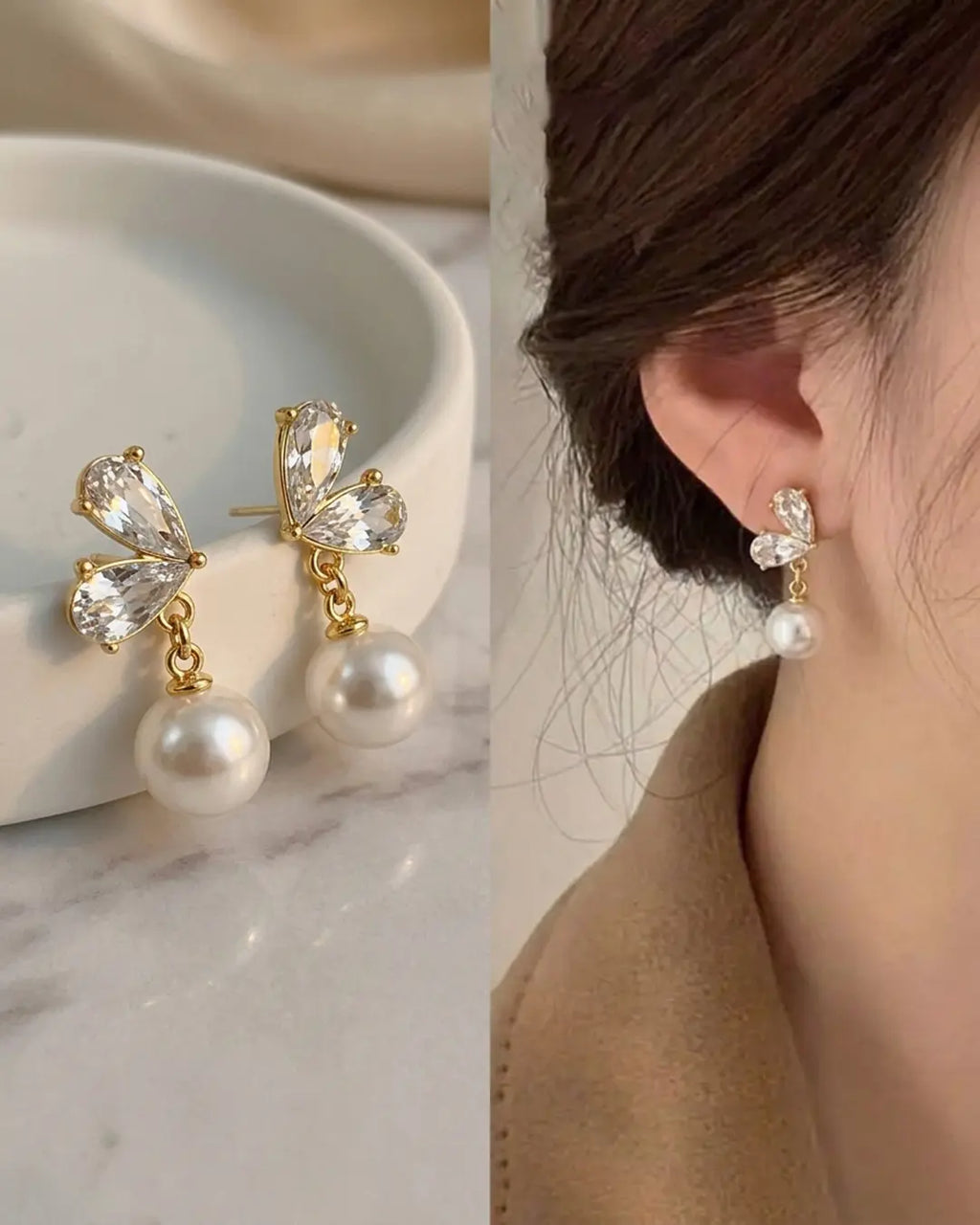 Crystal Wing Pearl Drop Earrings