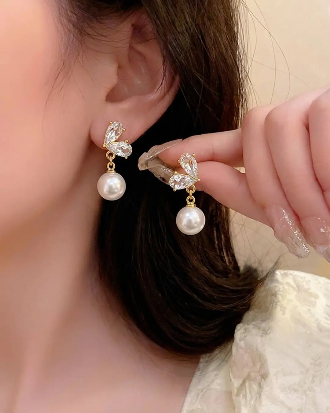 Crystal Wing Pearl Drop Earrings