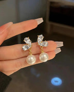 Crystal Wing Pearl Drop Earrings