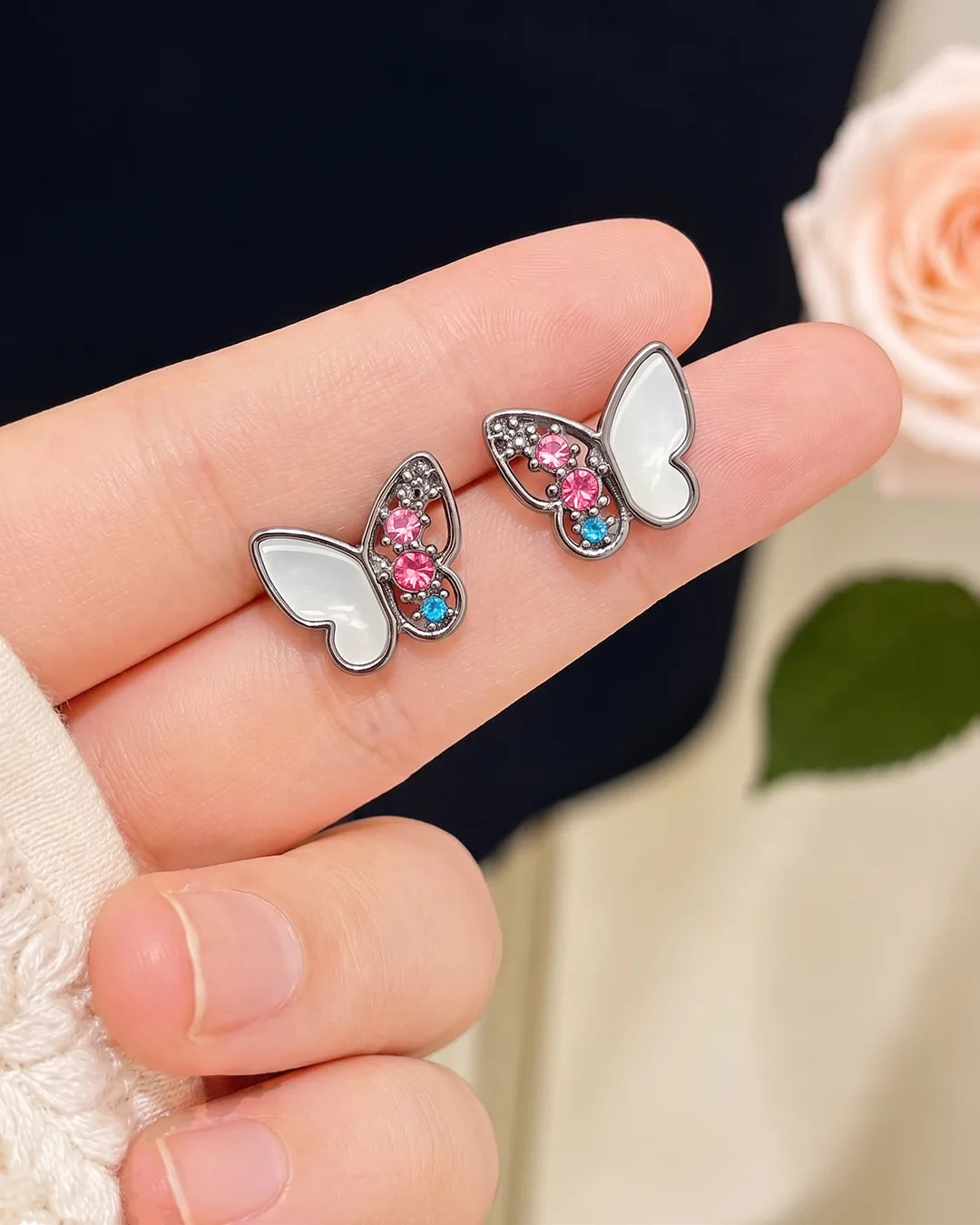 Pink Crystal Butterfly Earrings