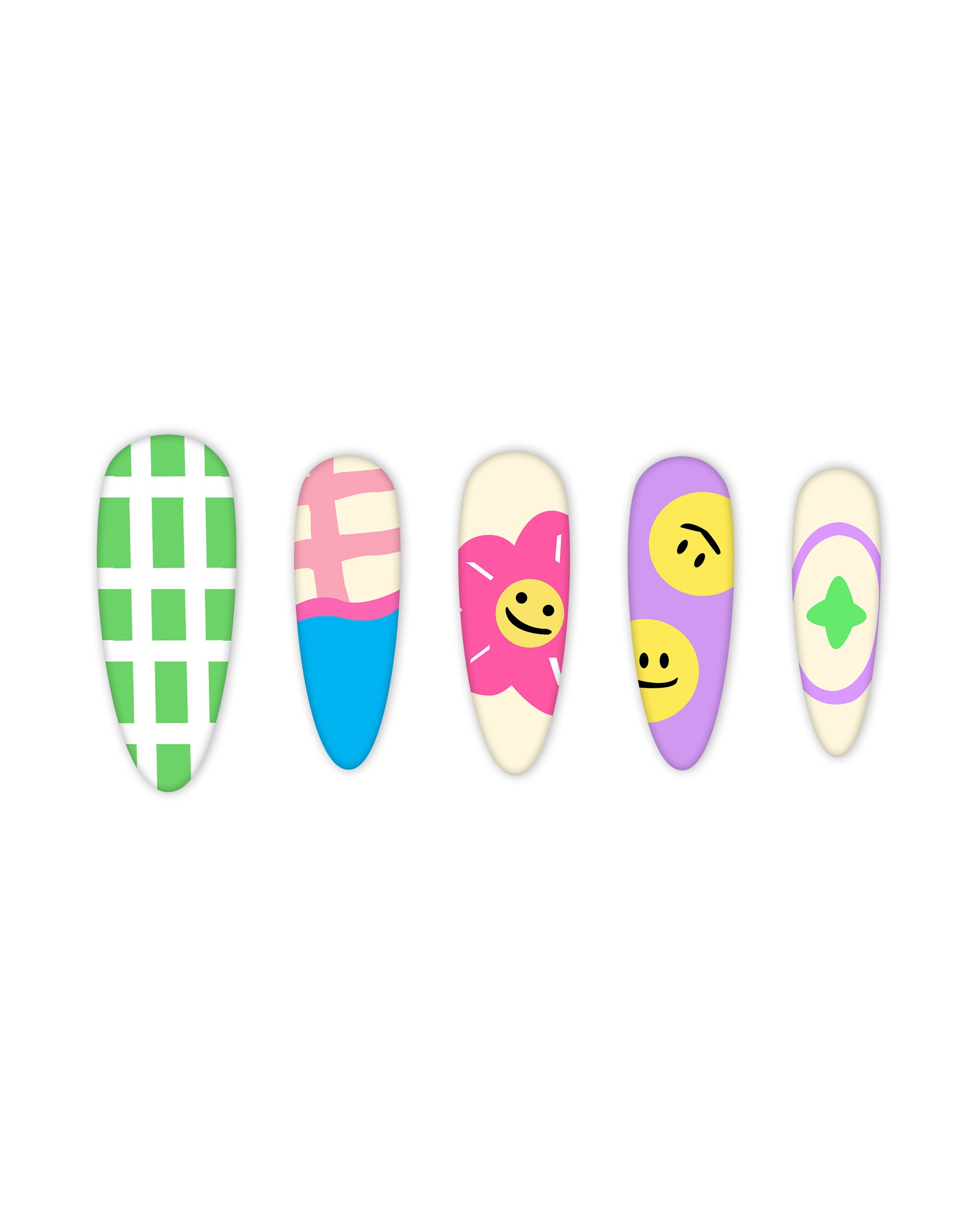 Playful almond-shaped press-on nails set with five vibrant and unique designs: green and white checkered pattern, pink and blue color-block with a grid design, cream with a pink flower and a cheerful yellow smiley face, lavender with double yellow smiley faces, and cream with a purple oval and green star. Ideal for beauty lovers seeking quick and easy-to-apply fake nails with fun and trendy nail art.