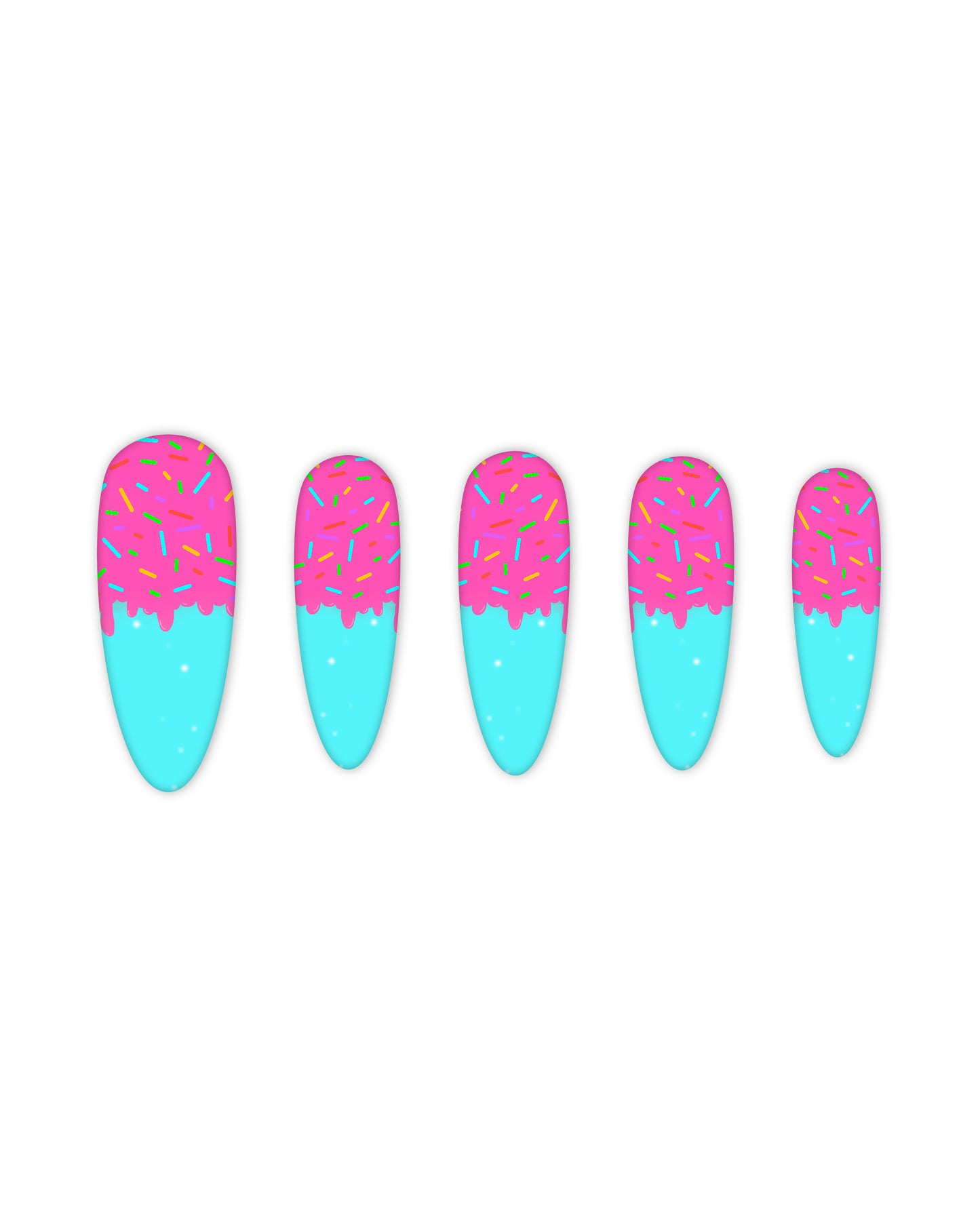 Long Almond-shaped press-on nails with pink frosting and sprinkle design over a turquoise blue base – donut-inspired nail art, artificial nails, glue-on nails, fake nails, vibrant candy theme.