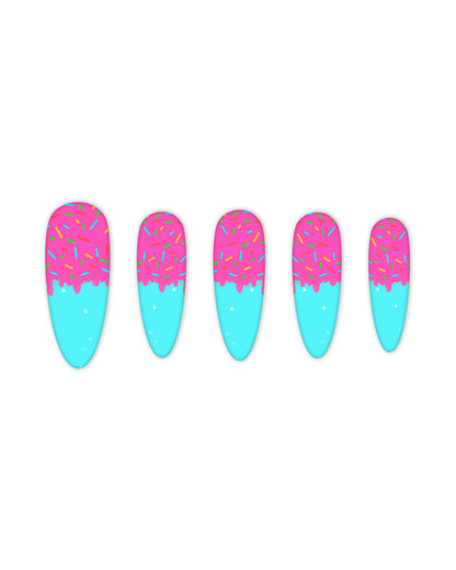 Long Almond-shaped press-on nails with pink frosting and sprinkle design over a turquoise blue base – donut-inspired nail art, artificial nails, glue-on nails, fake nails, vibrant candy theme.