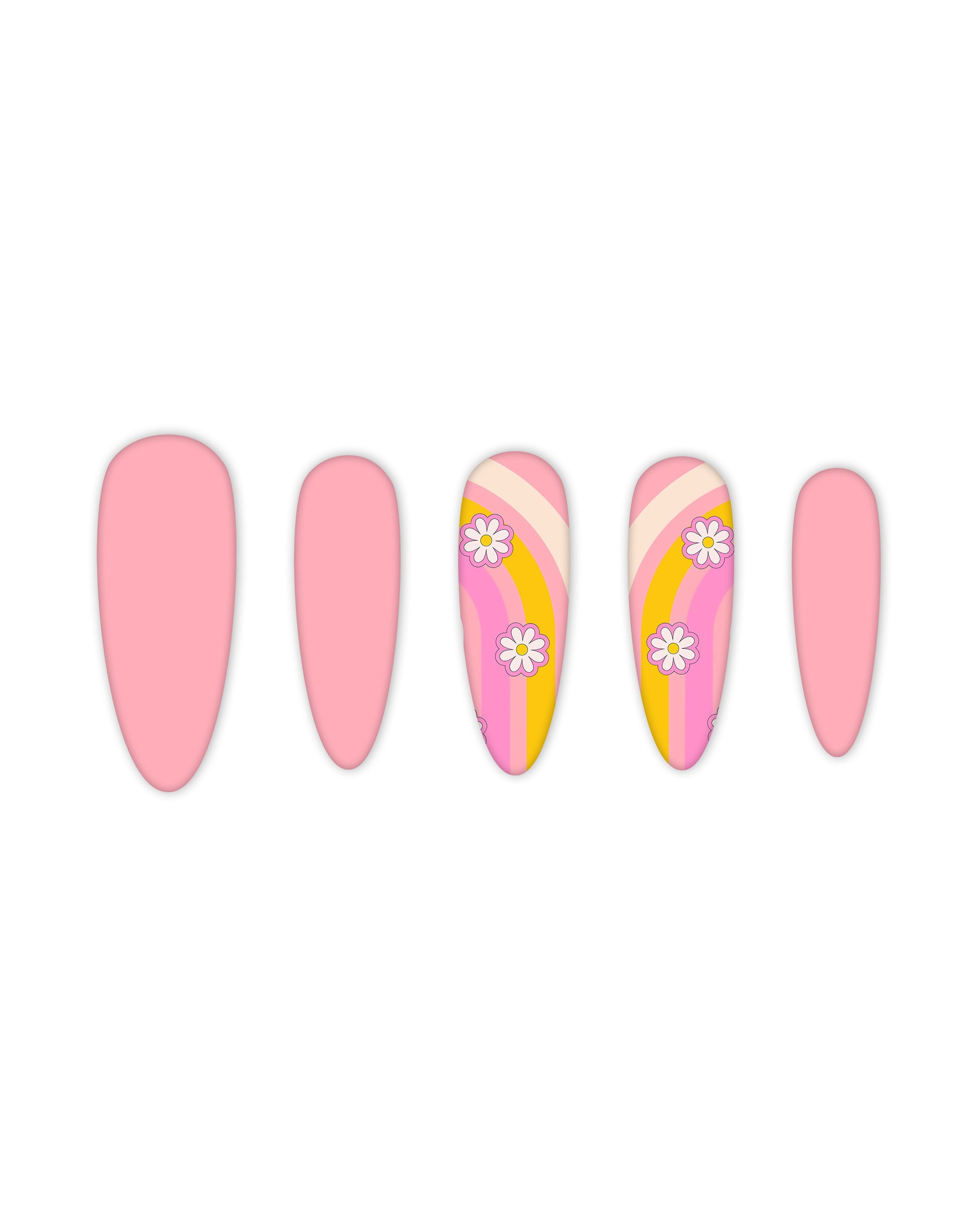 Elegant almond-shaped press-on nails featuring a pastel pink base with vibrant rainbow stripes and delicate white daisy flowers. Quick and easy-to-apply fake nails for a fresh, cheerful look, ideal for beauty lovers seeking a fun and colorful summer nail art design.