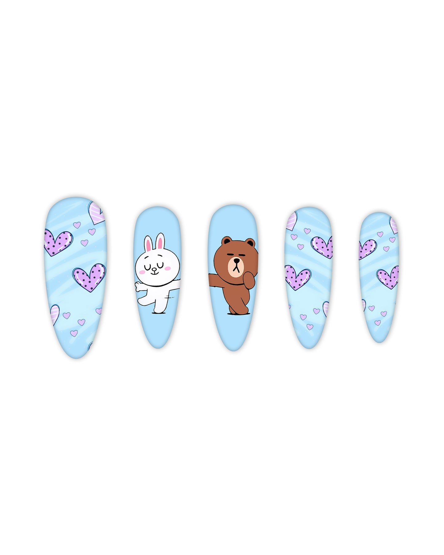 Light blue Almond press-on nails with purple heart designs and cute cartoon bear and bunny characters, medium-length glossy fake nails, artificial nails, glue-on nails, false nails, ready-to-wear manicure.
