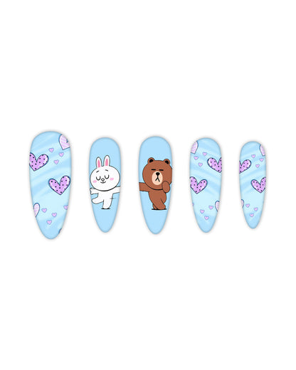 Light blue Almond press-on nails with purple heart designs and cute cartoon bear and bunny characters, medium-length glossy fake nails, artificial nails, glue-on nails, false nails, ready-to-wear manicure.