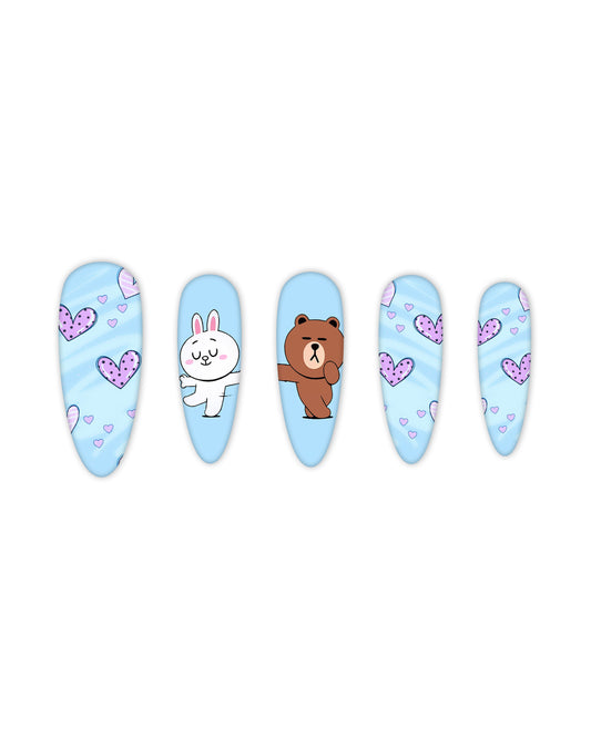 Light blue Almond press-on nails with purple heart designs and cute cartoon bear and bunny characters, medium-length glossy fake nails, artificial nails, glue-on nails, false nails, ready-to-wear manicure.