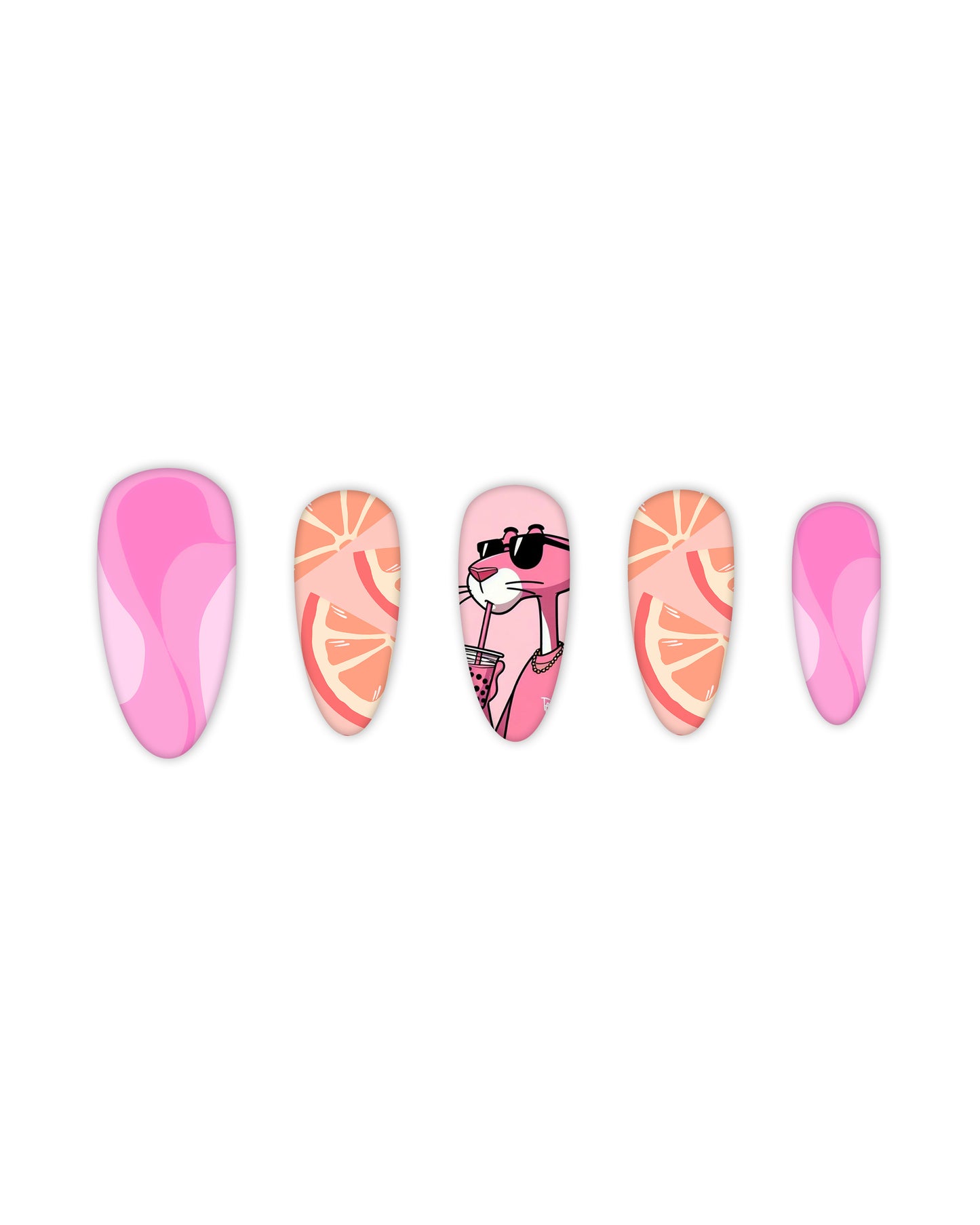 Stylish almond-shaped press-on nails with a vibrant pink theme, featuring trendy designs including pink swirl patterns, citrus orange slice graphics, and a fashionable pink panther character sipping a drink. Perfect for beauty enthusiasts looking for quick and easy-to-apply fake nails with a bold and playful nail art design.