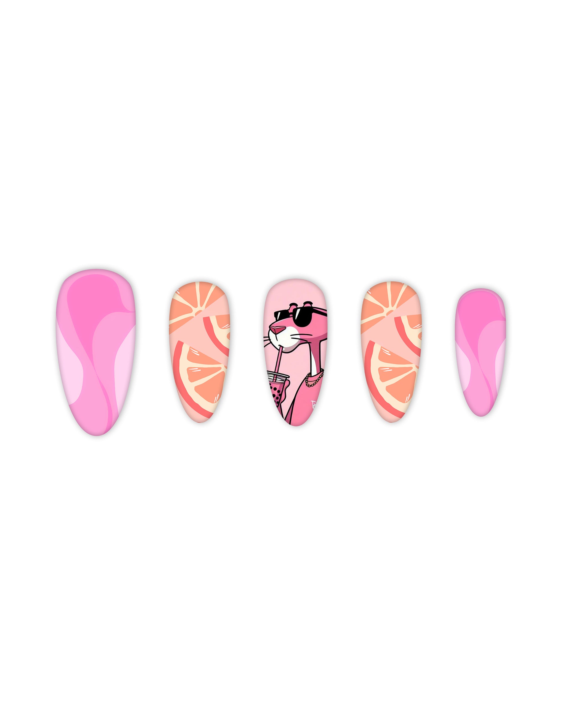 Stylish almond-shaped press-on nails with a vibrant pink theme, featuring trendy designs including pink swirl patterns, citrus orange slice graphics, and a fashionable pink panther character sipping a drink. Perfect for beauty enthusiasts looking for quick and easy-to-apply fake nails with a bold and playful nail art design.