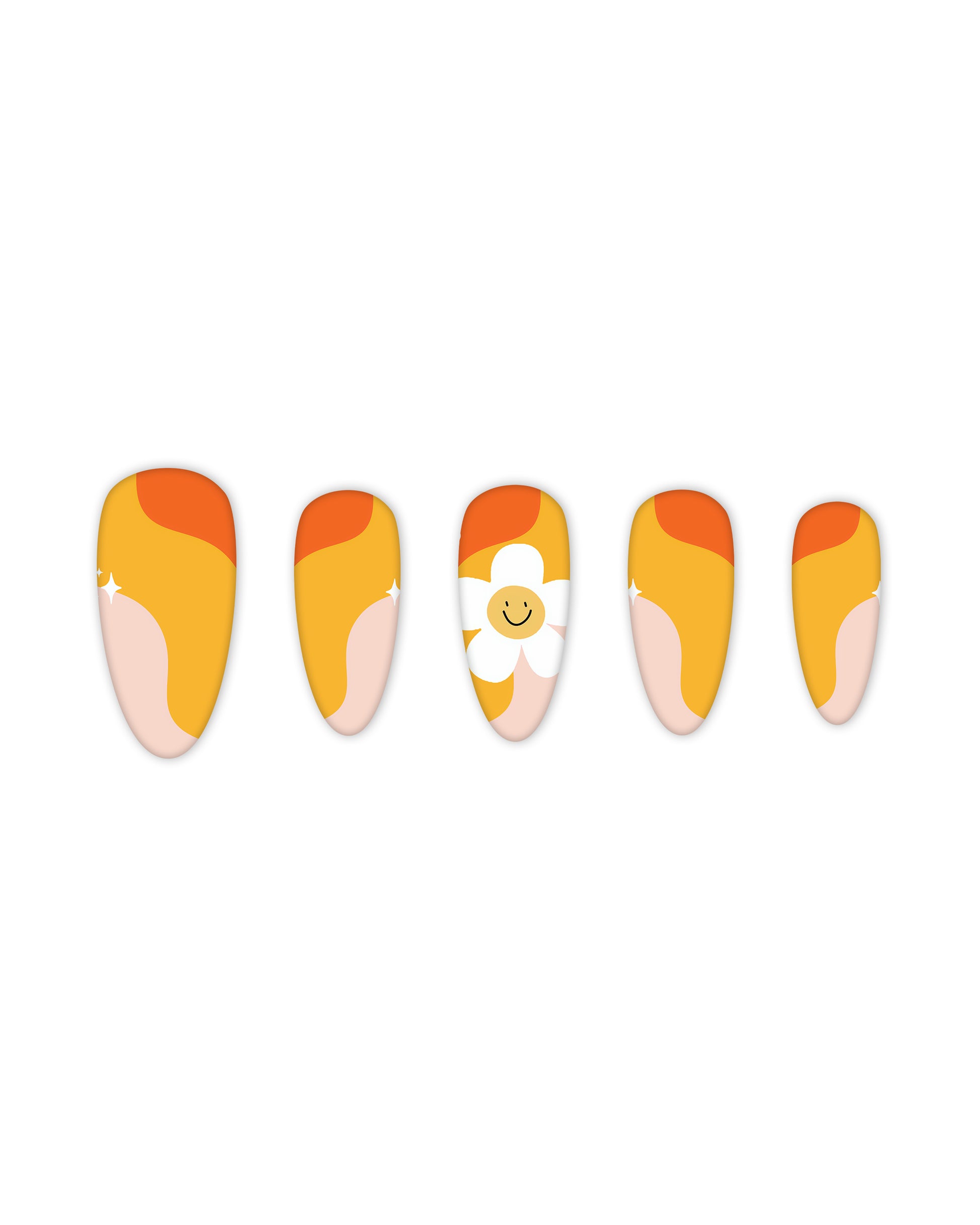 Almond-shaped press-on nails with a vibrant retro wave design in orange, yellow, and peach tones, featuring a cute smiley face daisy accent. Ideal for beauty enthusiasts looking for easy-to-apply fake nails for a fun and trendy summer manicure.