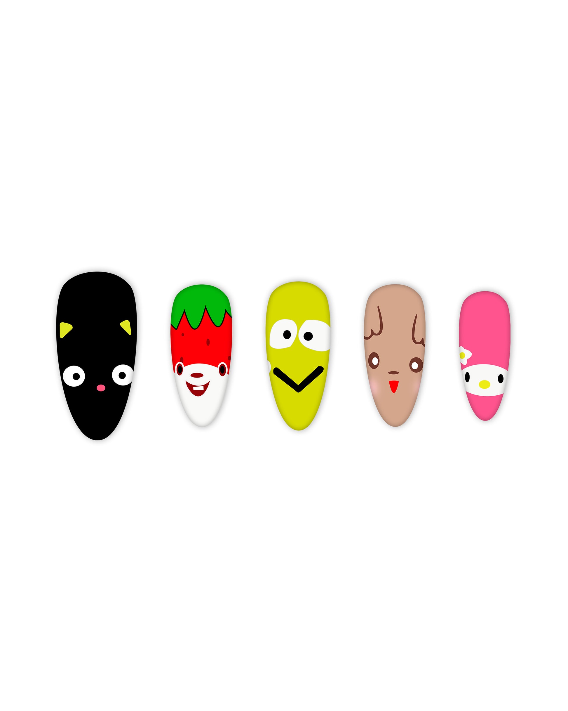 Cute and playful almond-shaped press-on nails featuring a black cat, a smiling strawberry, a cheerful yellow character, a blushing brown face, and a pink bunny with floral accents. Easy-to-apply fake nails, perfect for beauty lovers, nail art enthusiasts, and those looking for a fun and creative manicure without the salon visit.