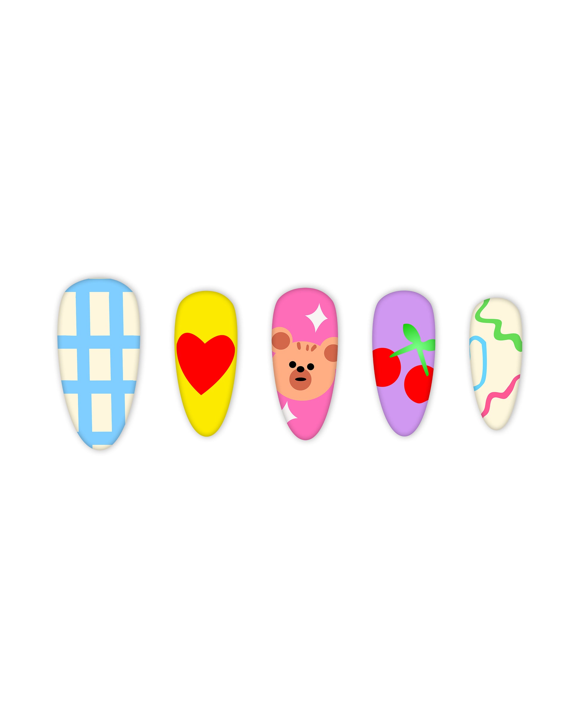 Colorful press-on nails set featuring five cute designs on almond-shaped nails: pastel blue checkered pattern, vibrant yellow with a bold red heart, pink with a playful bear face and white stars, lavender with bright red cherries and green stems, and cream with abstract squiggles in green, pink, and blue. Quick and easy to apply, perfect for beauty lovers seeking trendy fake nails with unique nail art designs.