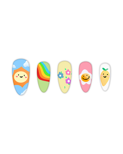 Almond-shaped pastel press-on nails with cute hand-painted designs – smiling sun, rainbow, floral, daisy smiley, and lemon nail art for a trendy aesthetic manicure.