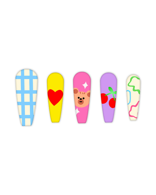 Coffin-shaped press-on nails with cute designs – blue gingham, red heart, teddy bear, cherries, and colorful abstract lines. Quick and easy-to-apply fake nails for a trendy DIY manicure.