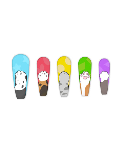 Cat paw print press-on nails in tapered coffin shape with colorful pastel backgrounds of blue, red, yellow, green, and purple. Easy-to-apply fake nails featuring cute cat-themed designs, perfect for pet lovers, nail art enthusiasts, and beauty lovers seeking a playful and stylish manicure.