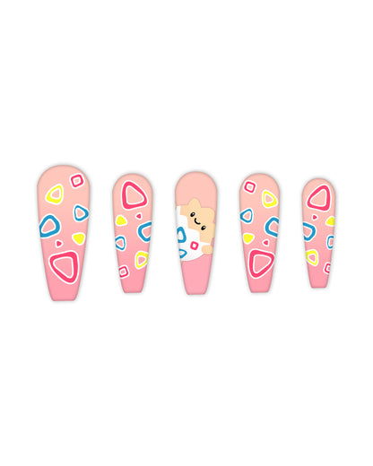 Coffin-shaped press-on nails with soft pink base, abstract colorful shapes, and a cute cartoon bear accent – kawaii-style fake nails, glue-on artificial nails, playful nail art for kids and fun-loving adults.
