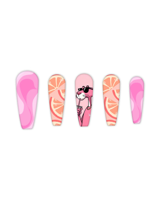 Trendy tapered coffin-shaped press-on nails featuring a pink aesthetic with vibrant designs: retro pink swirl pattern, citrus orange slices, and a cool pink panther sipping a drink with sunglasses. Perfect for beauty lovers looking for quick and easy-to-apply fake nails with fun, stylish, and artistic nail art.