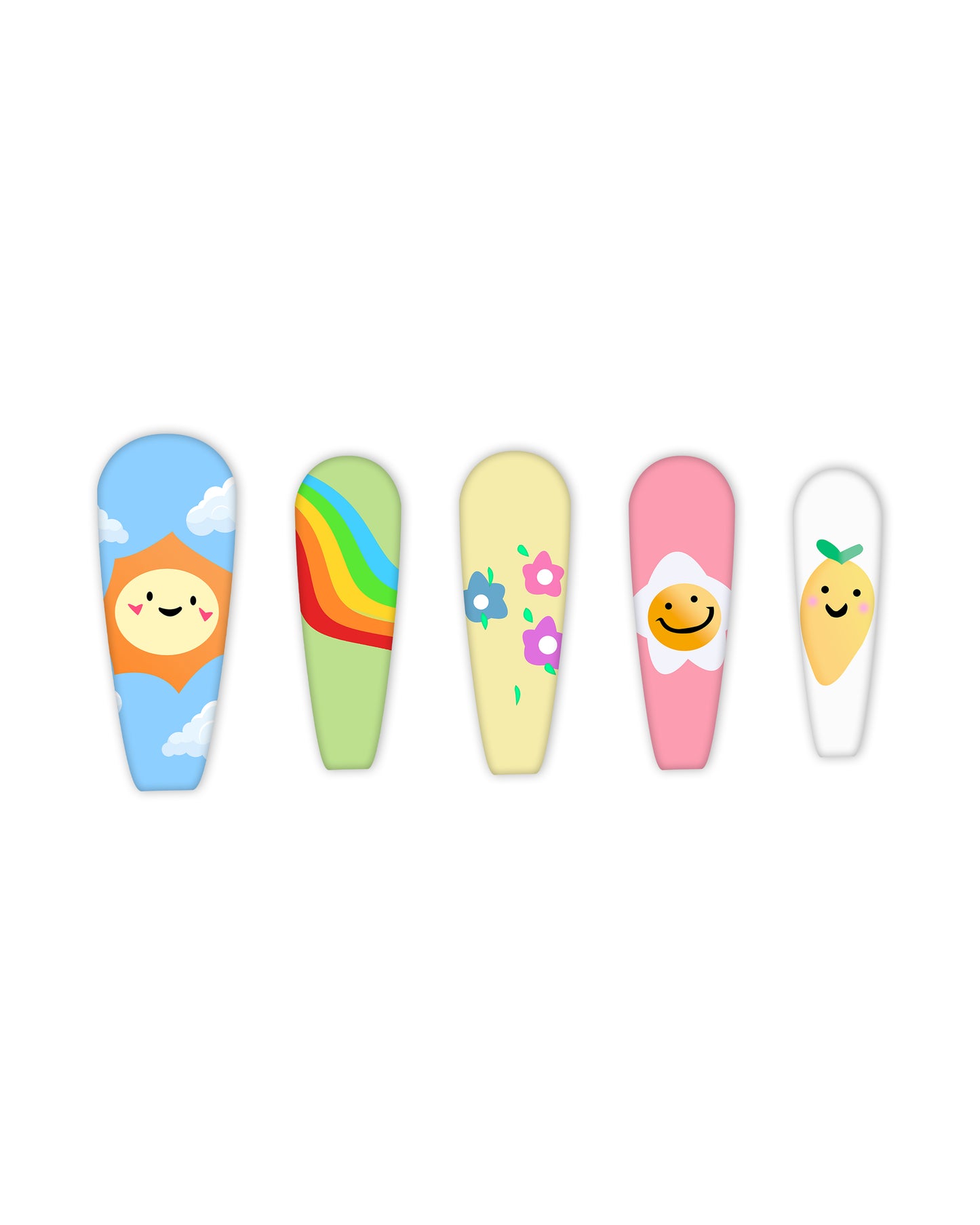Cute pastel almond-shaped press-on nails with playful designs – sun, rainbow, floral, daisy smiley, and lemon nail art for a trendy aesthetic manicure.
