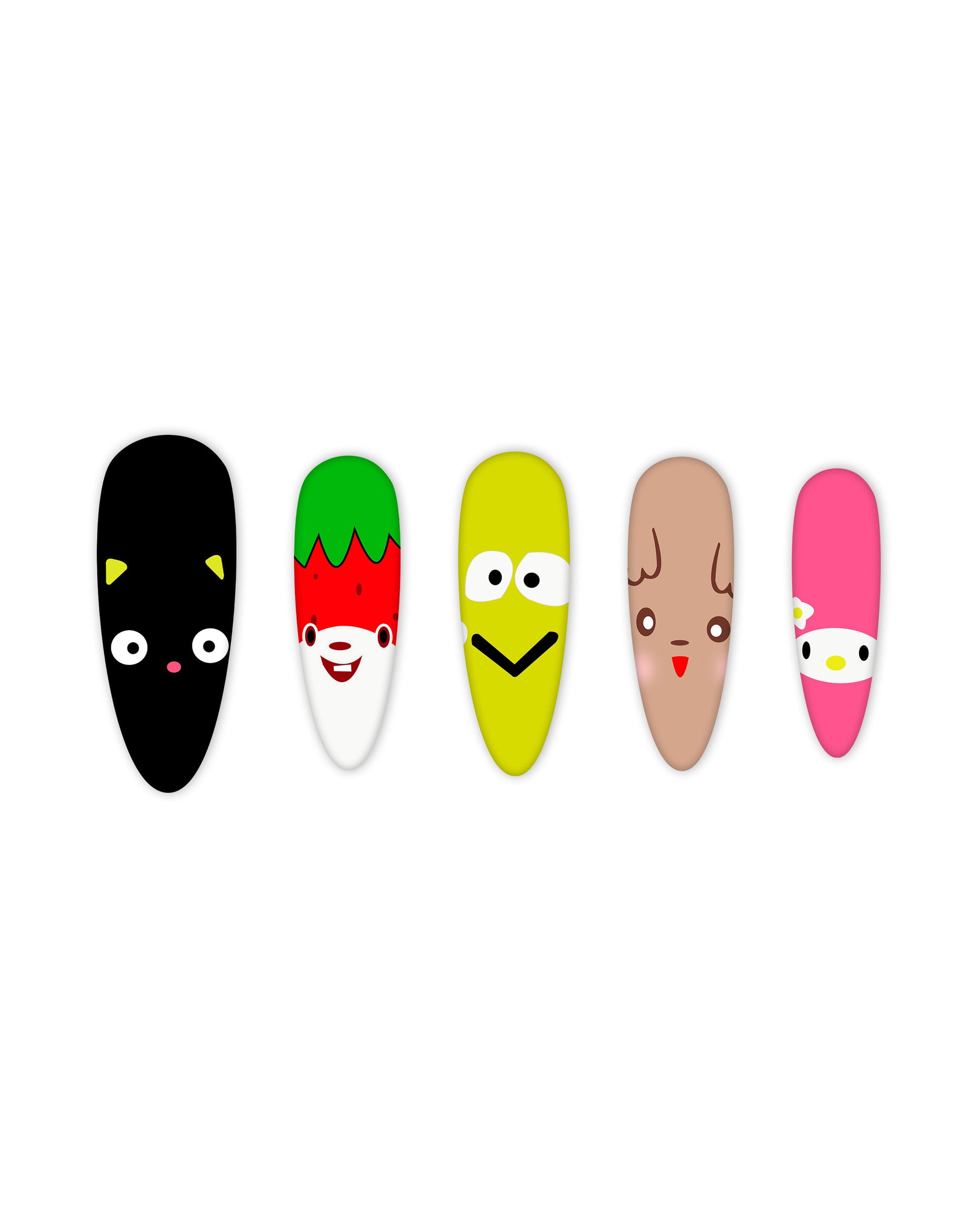 Character-themed press-on nails in almond shape, featuring a black cat, strawberry face, quirky yellow smiley, blushing brown character, and a pink bunny with floral accents. Fun and playful fake nails, perfect for quick and easy application, ideal for beauty lovers and nail art enthusiasts.