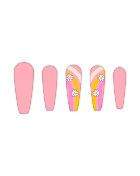 Charming coffin-shaped press-on nails with a pastel pink base, featuring retro rainbow stripes and delicate white daisy floral accents. Easy-to-apply fake nails for a vibrant and stylish look, perfect for spring or summer beauty enthusiasts who love fun, trendy nail art designs.