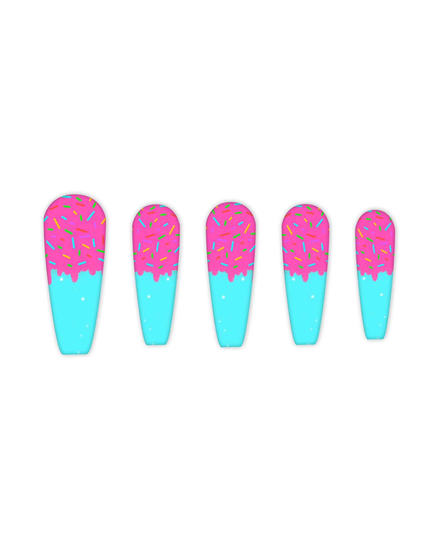 Coffin-shaped press-on nails with pink frosting and colorful sprinkles over a turquoise base – candy-themed fake nails, glue-on manicure, artificial nails for sweet-inspired nail art.