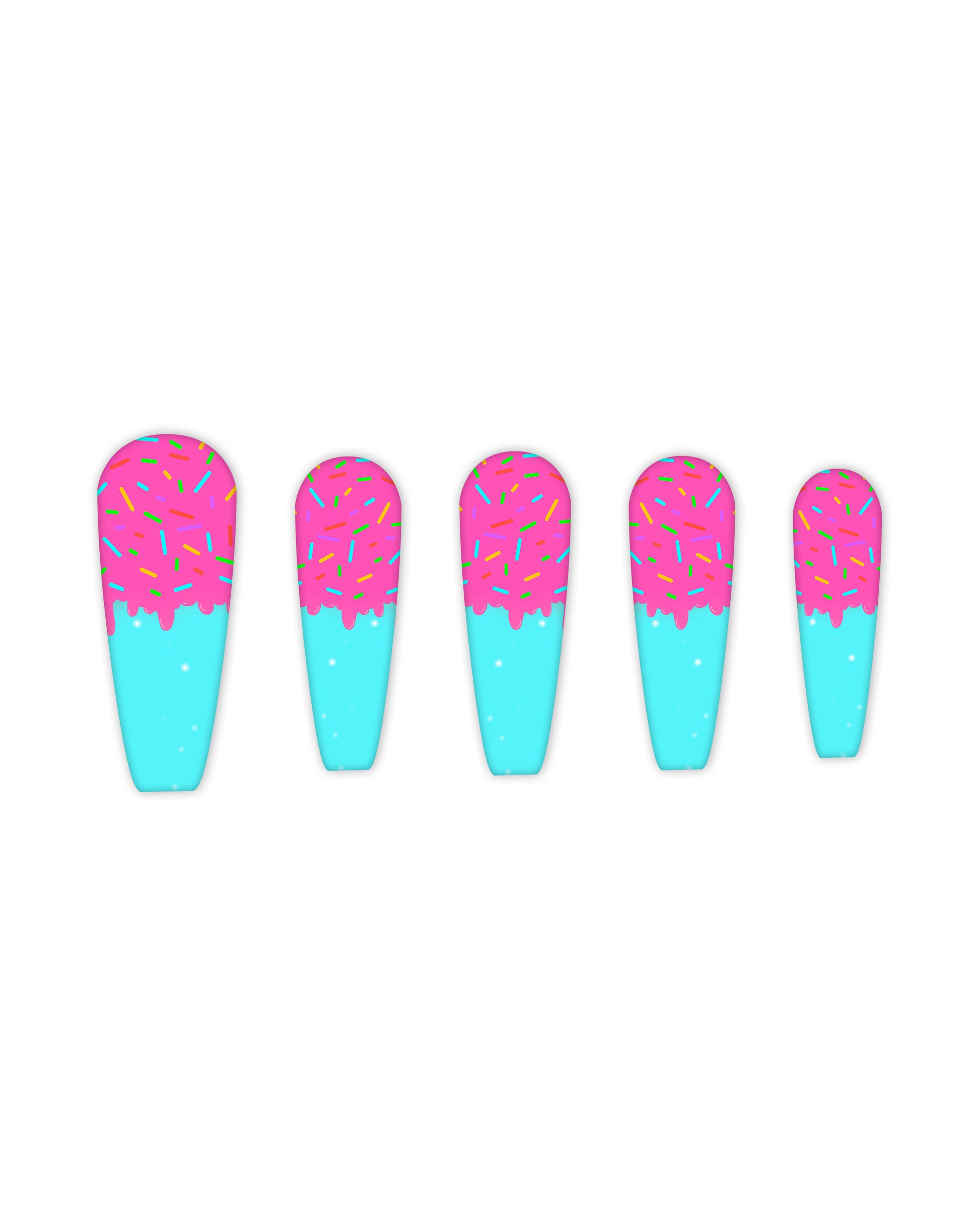 Coffin-shaped press-on nails with pink frosting and colorful sprinkles over a turquoise base – candy-themed fake nails, glue-on manicure, artificial nails for sweet-inspired nail art.