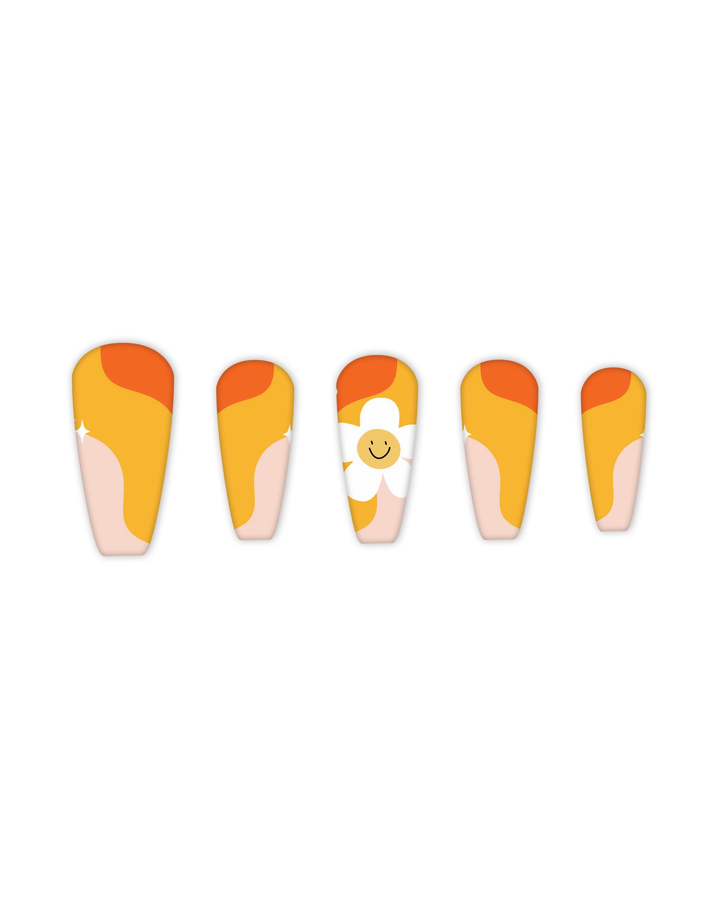 Square-shaped press-on nails with a vibrant retro wave design in orange, yellow, and peach tones, featuring a cheerful smiley face daisy accent. Perfect for beauty lovers seeking quick and easy-to-apply fake nails for a playful summer manicure.