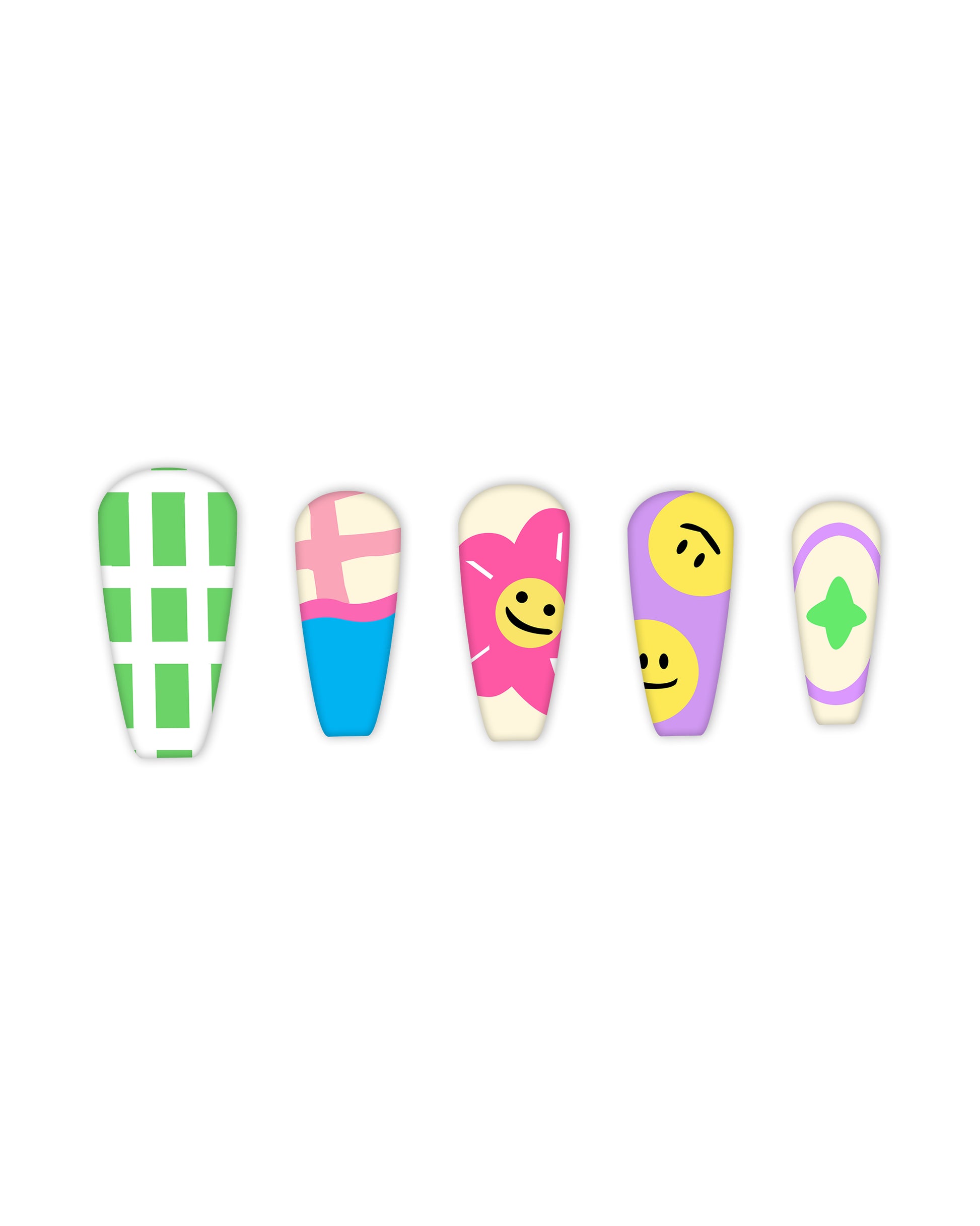 Trendy tapered square press-on nails set with five vibrant and playful designs: green and white checkered pattern, pink and blue color-block with a grid design, cream with a pink flower and a cheerful yellow smiley face, lavender with double yellow smiley faces, and cream with a purple oval and green star. Perfect for beauty enthusiasts looking for quick and easy-to-apply fake nails with unique and stylish nail art.