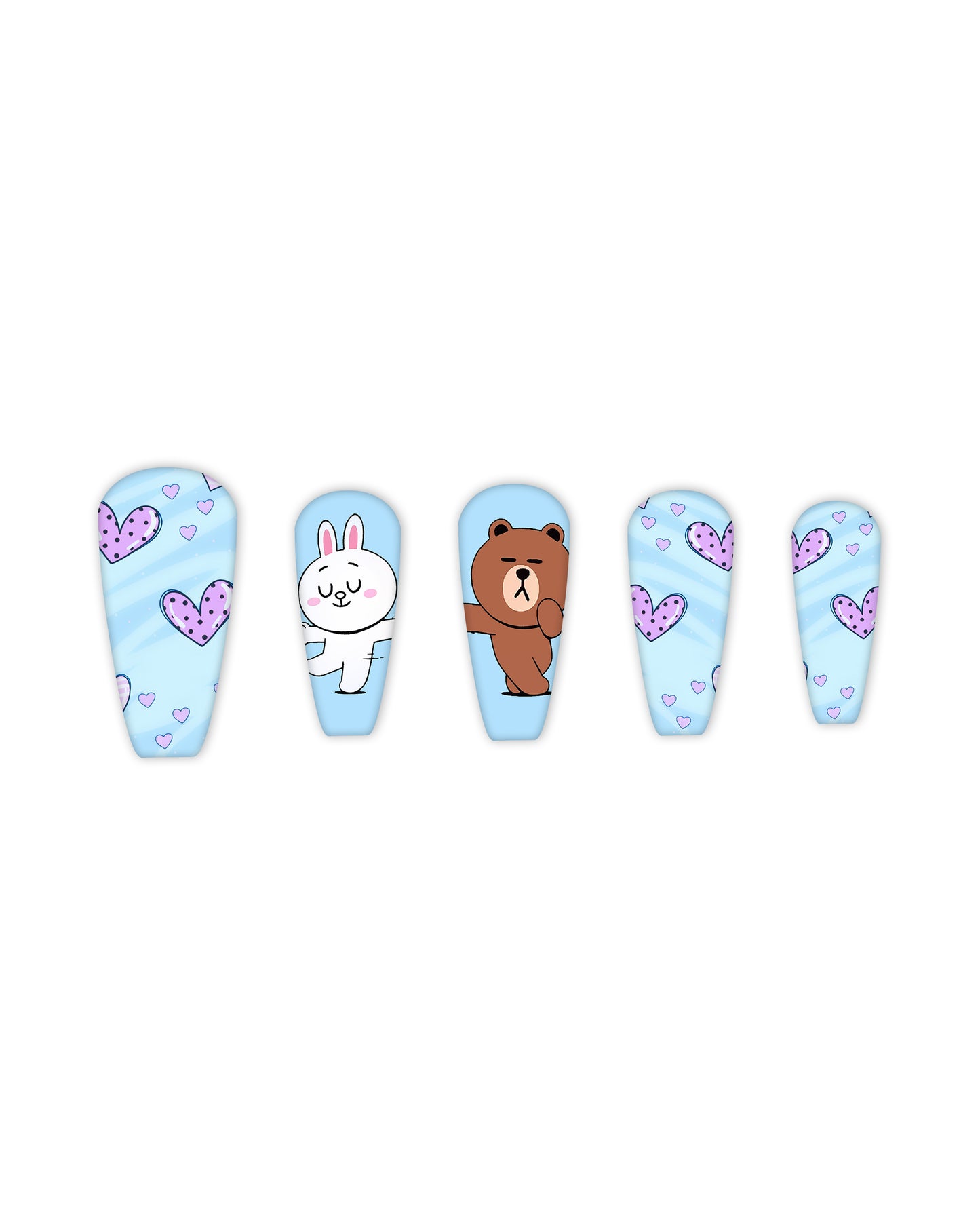 Light blue tapered coffin press-on nails with purple heart patterns and cute cartoon bear and bunny characters, medium-length glossy fake nails, artificial nails, glue-on nails, false nails, ready-to-wear manicure.