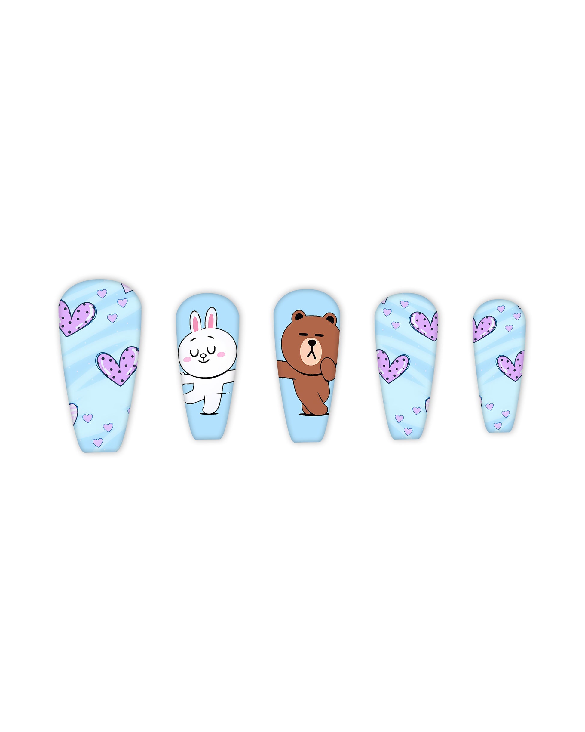 Light blue tapered coffin press-on nails with purple heart patterns and cute cartoon bear and bunny characters, medium-length glossy fake nails, artificial nails, glue-on nails, false nails, ready-to-wear manicure.
