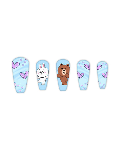 Light blue tapered coffin press-on nails with purple heart patterns and cute cartoon bear and bunny characters, medium-length glossy fake nails, artificial nails, glue-on nails, false nails, ready-to-wear manicure.