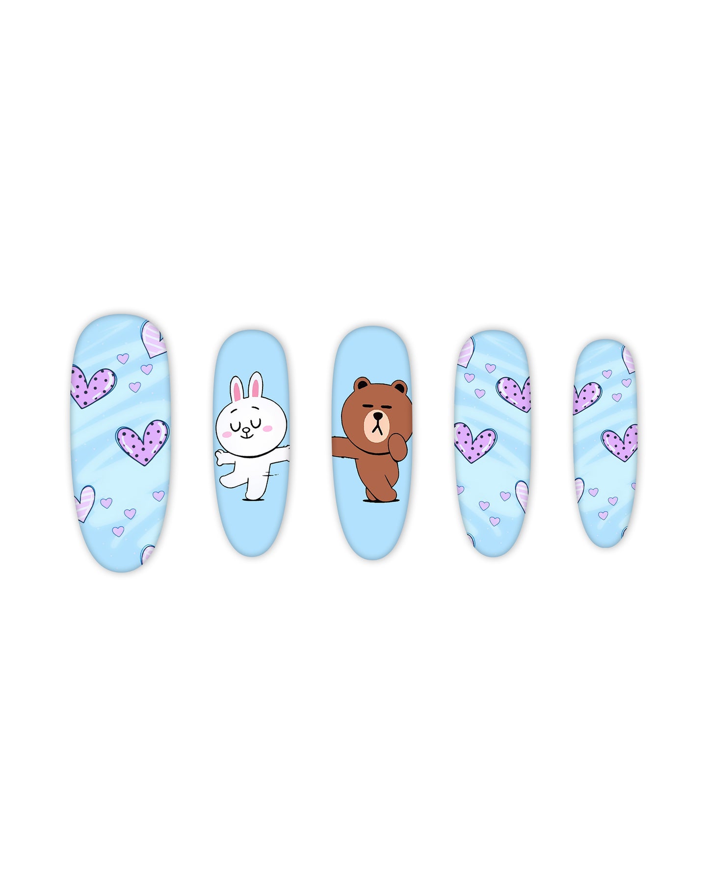 Light blue oval press-on nails with purple heart patterns and cute cartoon bear and bunny characters, medium-length glossy fake nails, artificial nails, glue-on nails, false nails, ready-to-wear manicure.