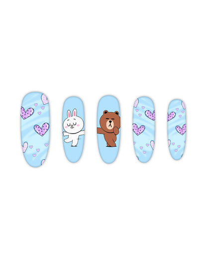 Light blue oval press-on nails with purple heart patterns and cute cartoon bear and bunny characters, medium-length glossy fake nails, artificial nails, glue-on nails, false nails, ready-to-wear manicure.
