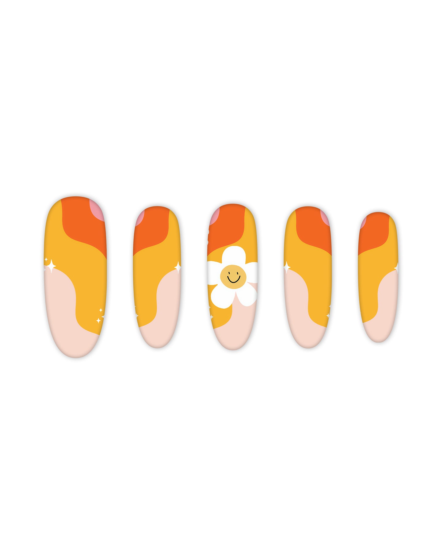Trendy oval-shaped press-on nails with a vibrant retro wave design in shades of orange, yellow, and peach, featuring a cute smiling daisy accent. Perfect for beauty lovers seeking quick and easy-to-apply fake nails for a fun, summer-inspired manicure.