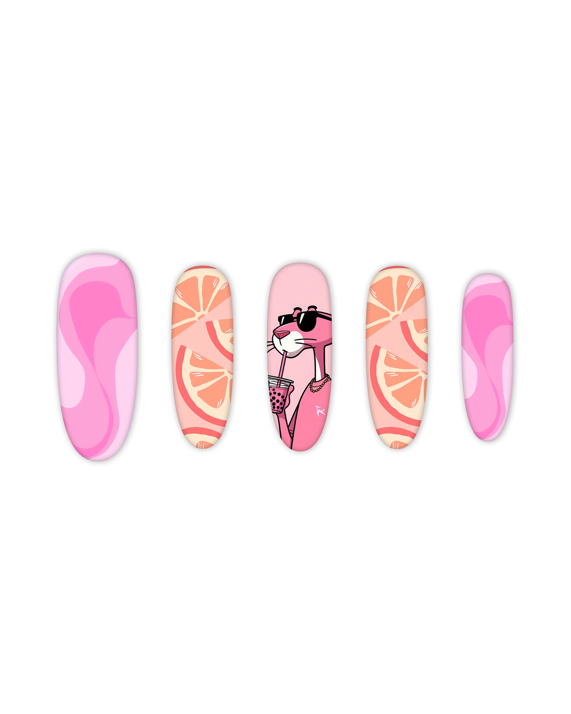 Trendy oval-shaped press-on nails featuring a vibrant pink aesthetic with playful designs: groovy pink swirl patterns, citrus orange slice graphics, and a stylish pink panther character wearing sunglasses and sipping a drink. Ideal for beauty lovers seeking quick and easy-to-apply fake nails with a bold, fun, and fashionable nail art style.