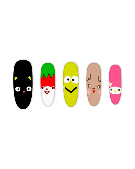 Cute character-themed press-on nails in oval shape featuring a black cat, strawberry design, smiling yellow face, blushing brown figure, and pink bunny. Quick and easy to apply fake nails for beauty lovers, perfect for trendy nail art enthusiasts seeking fun and playful nail designs.