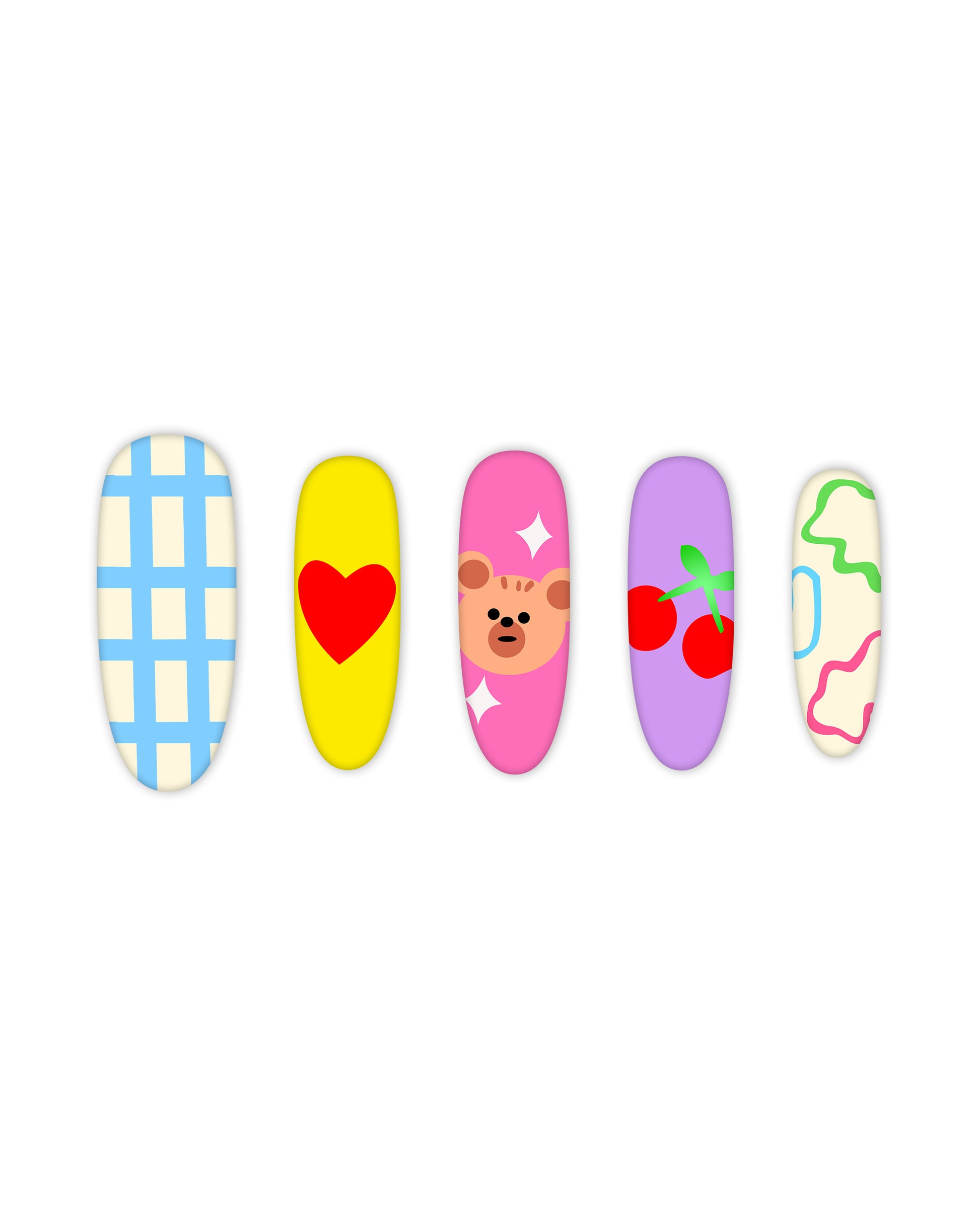 Oval-shaped press-on nails with cute designs – blue gingham, red heart, teddy bear, cherries, and abstract colorful lines. Quick and easy-to-apply fake nails for a trendy DIY manicure. Perfect for beauty lovers and nail enthusiasts.