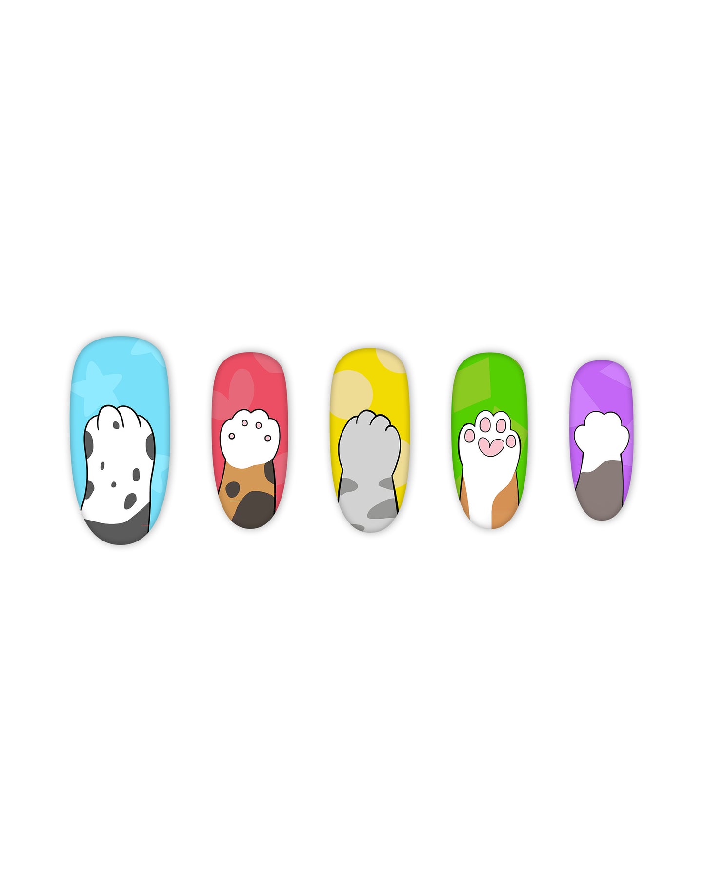 Adorable cat paw print press-on nails in a square shape with vibrant pastel colors including blue, red, yellow, green, and purple. These easy-to-apply fake nails feature playful cat-themed designs, perfect for pet lovers, beauty enthusiasts, and those seeking fun, quick, and stylish manicures.