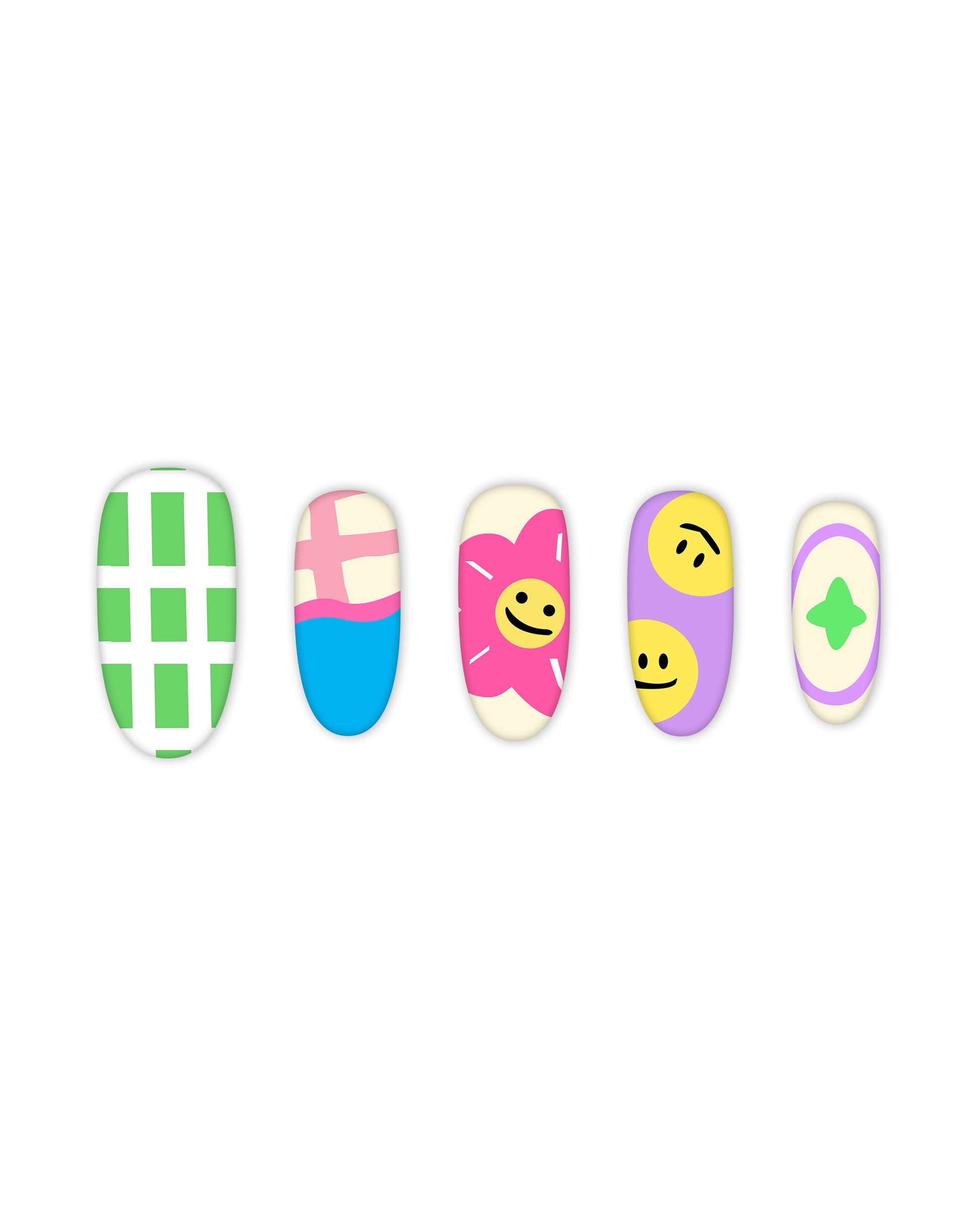 Colorful oval-shaped press-on nails set with five fun and playful designs: green and white checkered pattern, pink and blue half-and-half with a grid design, cream with a pink flower and a cheerful yellow smiley face, lavender with double yellow smiley faces, and cream with a purple oval and green star. Ideal for beauty lovers seeking quick and easy-to-apply fake nails with trendy and creative nail art.
