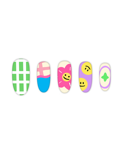 Colorful oval-shaped press-on nails set with five fun and playful designs: green and white checkered pattern, pink and blue half-and-half with a grid design, cream with a pink flower and a cheerful yellow smiley face, lavender with double yellow smiley faces, and cream with a purple oval and green star. Ideal for beauty lovers seeking quick and easy-to-apply fake nails with trendy and creative nail art.