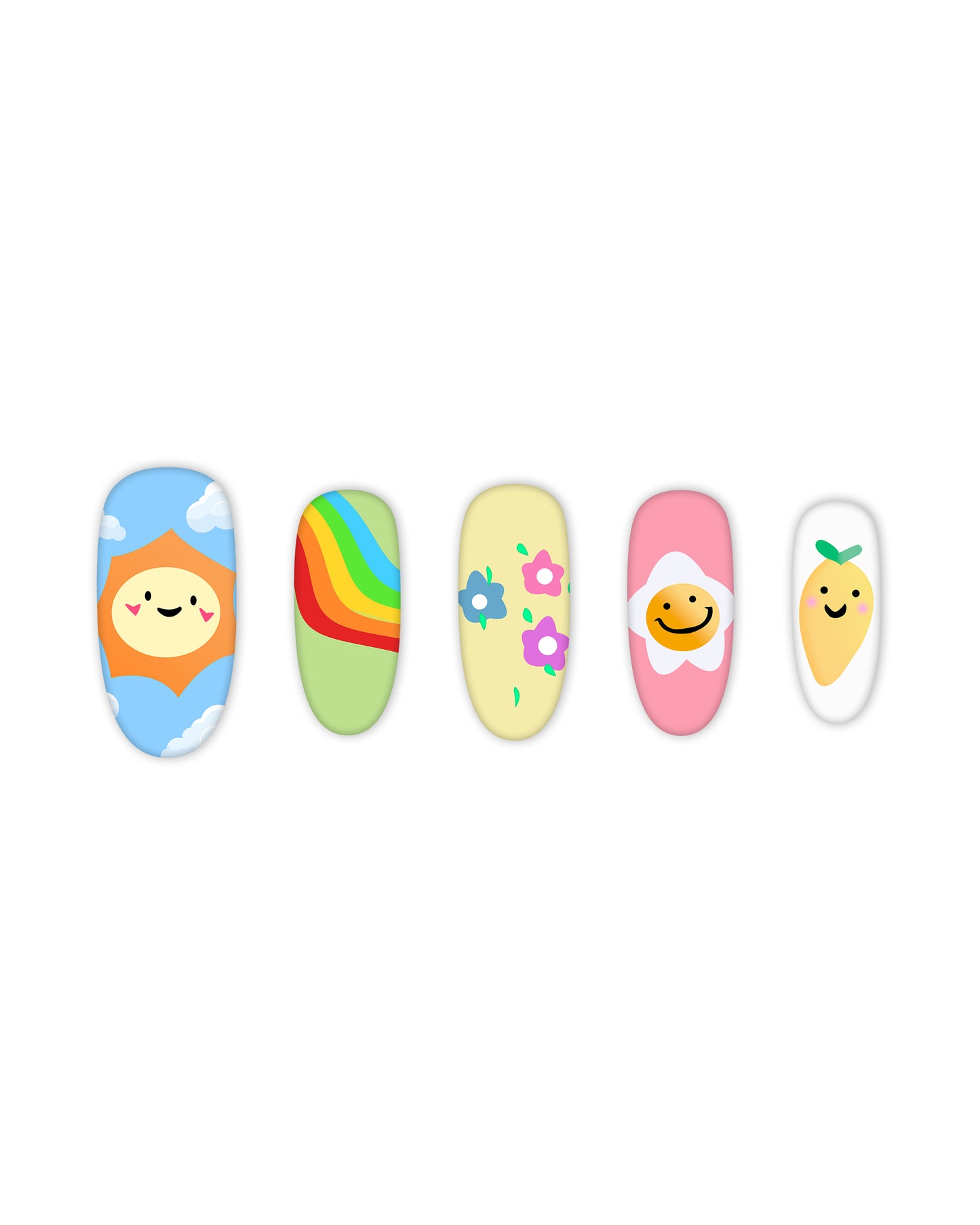 Cute pastel oval press-on nails with playful designs – smiling sun, rainbow, floral, daisy smiley, and lemon nail art for a trendy aesthetic manicure.