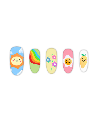 Cute pastel oval press-on nails with playful designs – smiling sun, rainbow, floral, daisy smiley, and lemon nail art for a trendy aesthetic manicure.