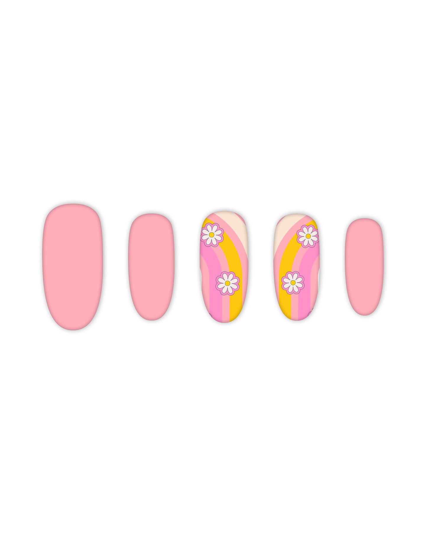 Oval-shaped press-on nails featuring a soft pastel pink base with vibrant rainbow stripes and cute daisy flower accents. These quick and easy-to-apply fake nails offer a cheerful, floral nail design, perfect for beauty enthusiasts looking for a trendy and effortless manicure.