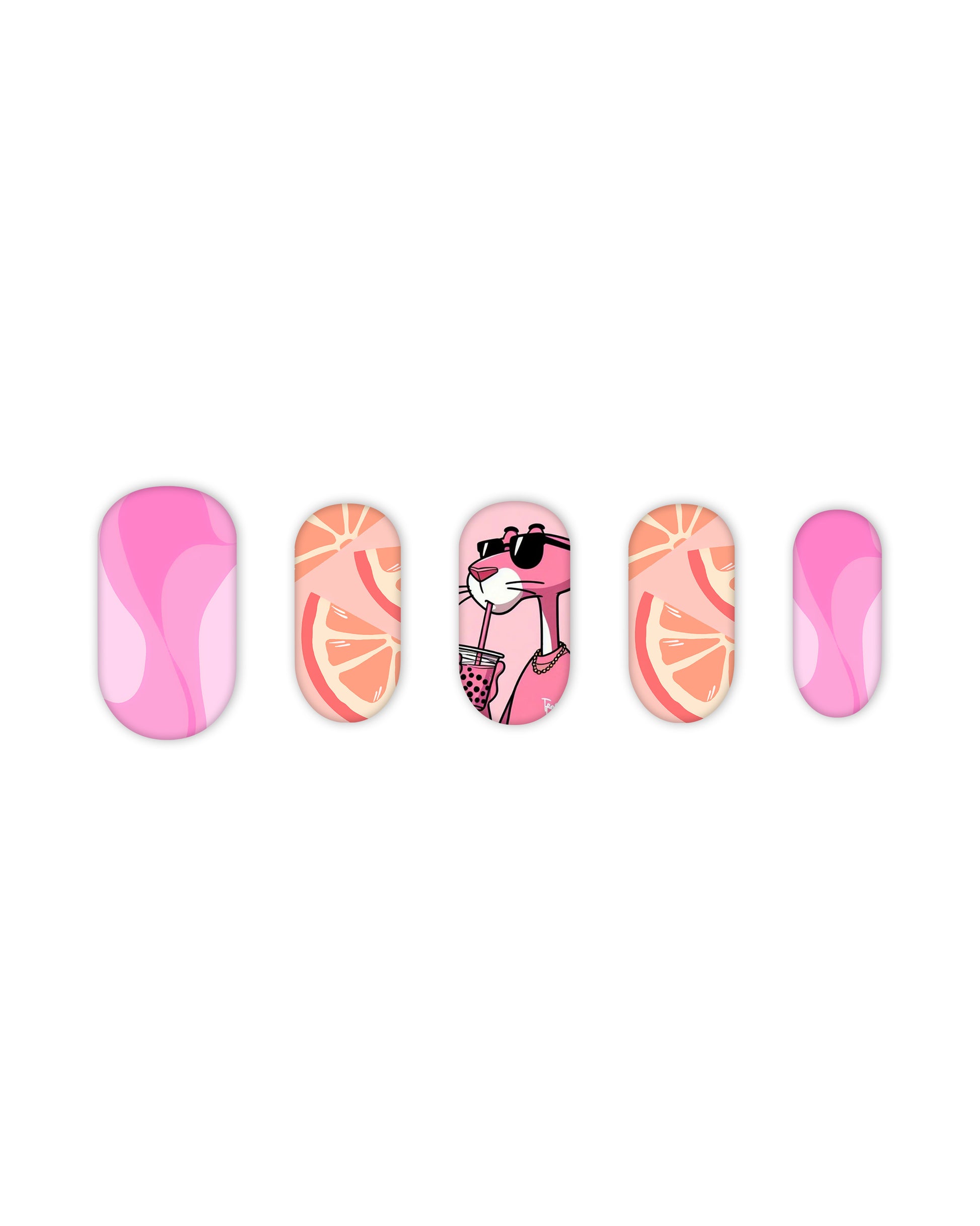 Trendy oval-shaped press-on nails with vibrant pink and orange designs, featuring abstract pink swirls, citrus orange slice patterns, and a cool pink panther illustration sipping a drink. Perfect for beauty lovers seeking quick and easy-to-apply fake nails with a bold, playful summer nail art design.